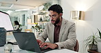 Mobile, finance or businessman with laptop for company budget savings, news or research. Mockup space, PC monitor or investment banker with phone for money management, taxes review or profit growth