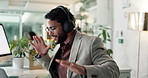 Happy, dancing or businessman with laptop for budget savings, good news or research. Financial success, positive review or investment banker with smile for money management, taxes or profit growth