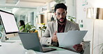 Laptop, accountant or businessman reading paperwork for budget savings, news or research. Financial mockup space, review or investment banker with documents for accounting, taxes or profit growth
