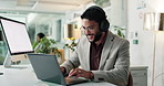 Happy, music or businessman with laptop for budget savings, good news or research. Financial increase, review or investment banker dancing with smile for money management, taxes and profit growth