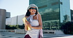 Fashion designer, woman and walking in city, excited and opportunity for internship. Person, outdoor and girl with expression, commute and urban town with happiness, creative portfolio and Italy