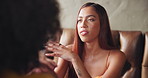Conversation, date and woman in restaurant for love, connection or bonding with boyfriend. Talk, relax and female person with partner in discussion for future in cafe, coffee shop or diner together.