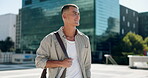 Smile, thinking and walking with man on college campus for scholarship, education and future. Happy, university and gen z with person and vision in city for knowledge, academy and reflection