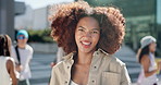 Face, woman and student smile at college for education, learning and knowledge at campus building. Portrait, gen z girl and future study with academy, university and pride for scholarship degree