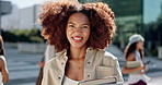 Happy woman, face and student with book in city for academic growth, learning journey or knowledge. Portrait, female person or gen z with smile for education, scholarship or development in urban town