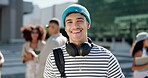 Face, youth and student with man on college for sports scholarship, education and future. Happiness, university campus and gen z with person in urban city for knowledge, academy and learning