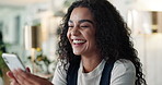 Business, smile and woman in office, smartphone and funny meme with connection. Happy person, fashion journalist and magazine editor in workplace, cellphone and internet with humor, laughing and joke