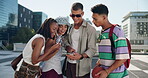 City, college and phone with student friends outdoor on university campus together for break. App, chat and social media with group of people in urban town for communication, education or scholarship