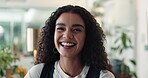 Face, new job and smile with business woman in office for start of career or internship. About us, agency and excited with happy employee in creative workplace for company development or opportunity