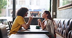 Couple, talking and drinks on date at coffee shop, listen or relax with memory, reunion and bonding. Girl, partner and smile with conversation, chat and care with love, news or tea at restaurant