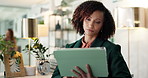 Business, internet and woman in office, tablet and connection with website info. Happy person, fashion journalist and magazine editor in workplace, technology and email notifications with chatting