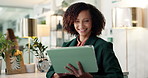 Business, smile and woman in office, tablet and funny meme with social media, joke and humor. Person, fashion journalist and magazine editor with tech, laughing and internet with email notification