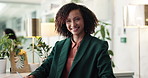 Business woman, face and smile in office, pride or excited for career at interior design company. Person, happy and designer in portrait with confidence, job or ready for project at startup in Brazil