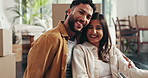 Couple, relocation and moving boxes in home, faces and property investment or real estate mortgage. People embrace, portrait and proud owners of new house, conversation and residential achievement