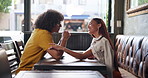 Couple, conversation and drinks on date at coffee shop, listen or relax with memory, reunion and bonding. Man, woman and smile with trust, chat and laugh with love, loyalty or tea at restaurant