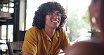 Conversation, date and man in restaurant for love, connection or bonding with girlfriend. Talking, relax and male person with partner in discussion for future in cafe, coffee shop or diner together.