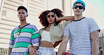 People, students or fashion with sunglasses in city for casual or urban style clothing together. Portrait, group or friends posing with cool outfit or shade for summer, funk or stylish design in town