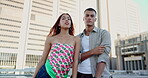 Gen Z, friends and fashion with confidence for urban style, campaign and streetwear. Man, woman and people with buildings for trendy clothes, attitude and cool face for solidarity in New York