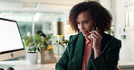Woman, phone call and laptop in office, talk and contact for advice, sustainability and climate change consulting. Person, agent and smartphone for negotiation, networking and eco friendly at startup