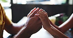 Holding hands, commitment and love in restaurant, couple and support for care on date and morning. Closeup, together and people on anniversary in coffee shop, relationship and bonding for romance