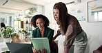 Office, collaboration and women with tablet, smile and colleagues with tech for project and helping. Teamwork, review and proofreading of article on website, journalist or people with app in newsroom