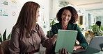 Office, feedback and women with tablet, review and reporter with tech for project and helping. Teamwork, laughing and proofreading of article on website, journalist and people with app in newsroom