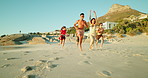 Vacation, people and friends running on beach for freedom, travel or excited for adventure. Outdoor, coast and group in nature for holiday, tourism and students jump with energy to celebrate gap year