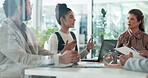 Business people, meeting and conversation with woman, support and planning for project. Employees, cooperation and group in office, collaboration and proposal, sales increase and feedback with ideas