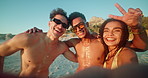Selfie, beach and friends with smile, travel and happiness with vacation, weekend break and relax. Bonding together, people and men with woman, seaside and summer holiday with nature and Maldives