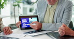Tablet screen, meeting and hands of business people in office for machine learning, innovation and future. Ai workshop, development and planning with employees in agency for research and presentation