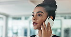 Phone call, talking and business woman in office for communication, deadline and virtual advisor. Contact, negotiation and networking with serious employee for conversation, planning and feedback
