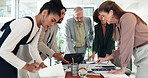 Documents, discussion and business people in office for planning, brainstorming or problem solving for budget. Meeting, paperwork and team of financial managers with company investment account.