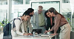 Paperwork, meeting and business people in office for planning, brainstorming or problem solving for budget. Discussion, documents and team of financial managers with company investment account.