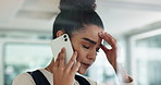 Phone call, office and business woman with stress for contact, communication and discussion. Corporate, professional and frustrated person talking on smartphone with bad news, mistake and crisis