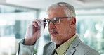 Glasses, thinking and mature business man with vision, investment opportunity and perspective insight. Idea, planning and manager with solution, financial decision and corporate mindset in office