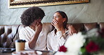 Surprise, hug and couple with gift, cafe and celebration of valentines day, romance and flowers. Commitment, woman and man with present for anniversary, series and bonding on date with bouquet
