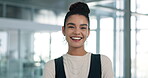 Face, happy and job opportunity with business woman in office for start of career or internship. About us, agency and excited with smile of new employee in creative workplace for company development