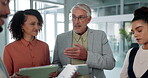 Speaker, meeting and planning with business people in office for coaching, idea and advisor. Teamwork, training and tablet with employees in agency for collaboration, project management and proposal
