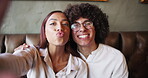 Selfie, pout face and couple in restaurant for love, romance or anniversary celebration together. Photograph, smile and bonding with man, woman and happy for valentines day date or social media