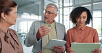 Discussion, meeting and planning with business people in office for coaching, idea and advisor. Teamwork, training and tablet with employees for collaboration, project management and proposal