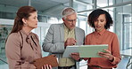 Tablet, meeting and planning with business people in office for coaching, idea and advisor. Teamwork, training and mentor with employees in agency for collaboration, project management and proposal