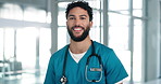 Man, surgeon and face with smile at hospital for job, healthcare and pride with wellness services. Person, doctor and happy in portrait, career and expert with cardiology at clinic in Colombia