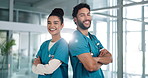 Doctors, man and woman at clinic with arms crossed, healthcare and face with services for wellness. People, surgeon and happy in portrait, career and support for cardiology at hospital in Costa Rica