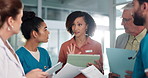 Doctors, woman and group with tablet in hallway with leader, report and documents for medical solution. People, discussion and listen with team, paperwork or planning strategy for surgery at hospital