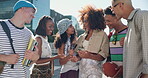 City, phone and scholarship with student friends outdoor on university campus together for break. App, education and social media with group of people in urban town for college or communication