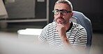 Night, creative and man with computer, thinking and copywriter with ideas for project and article. Business, copywriting and mature person with tech for blog, contemplating and thoughtful for task