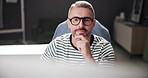 Business, thinking and man in office, computer and planning for project, internet and copywriting. Person, employee and journalist in workplace, pc and network with research for article and feedback