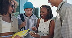 City, education and phone with happy students outdoor on university campus together for break. App, smile or social media with boy and girl friends downtown for college scholarship or communication