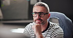 Business, thinking and man with ideas, computer and planning for project, feedback and copywriting. Person, employee and journalist in workplace, pc and network with research for article and glasses