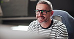 Business, thinking and man with smile, computer and planning for project, internet and feedback. Person, employee and journalist with pc, choice and network with research for article and news report